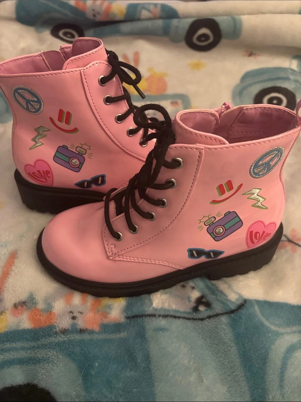 Wonder Nation Pink Patent Combat Boots with Black Laces